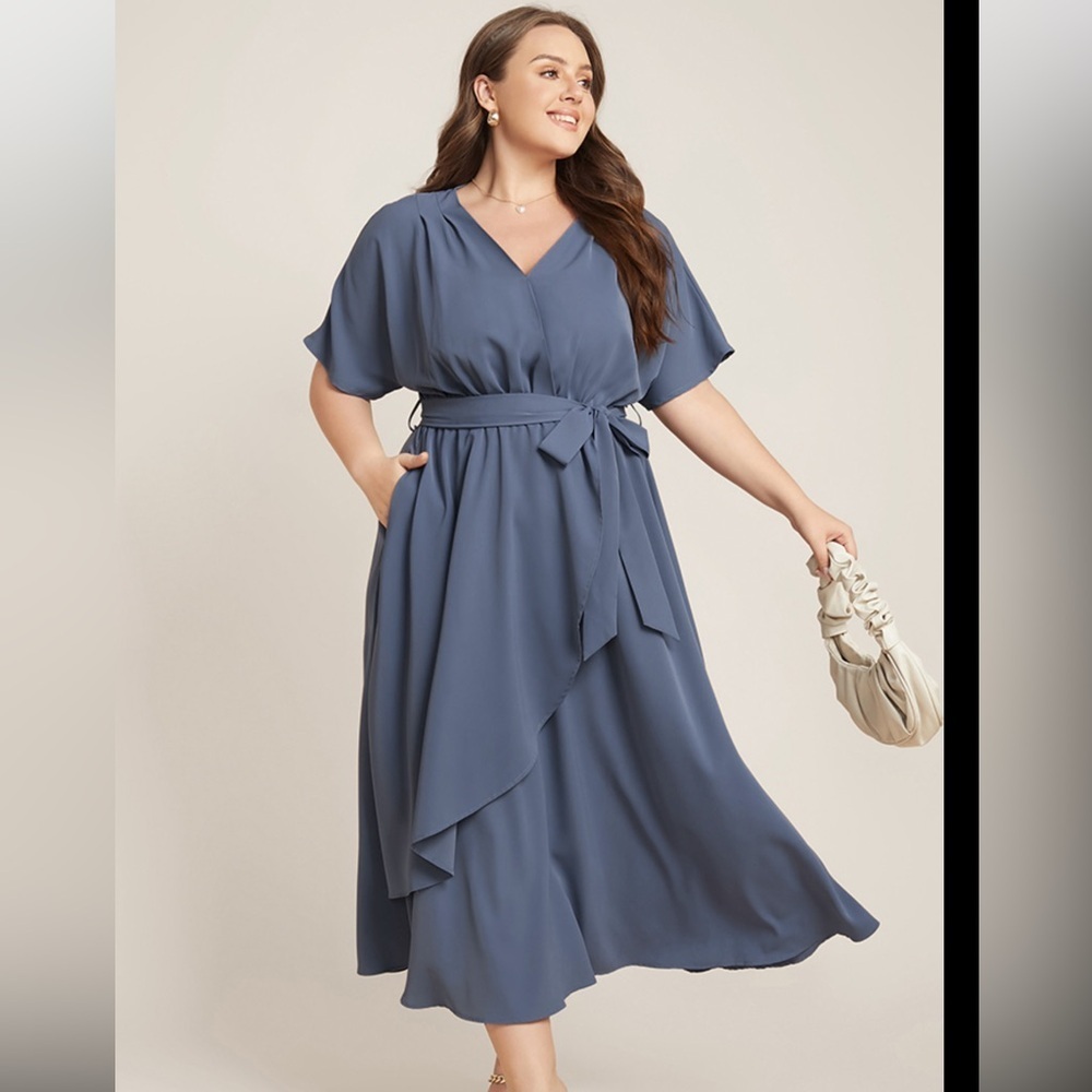 BloomChic Dusky Blue Wrap Midi Dress with Tie Waist